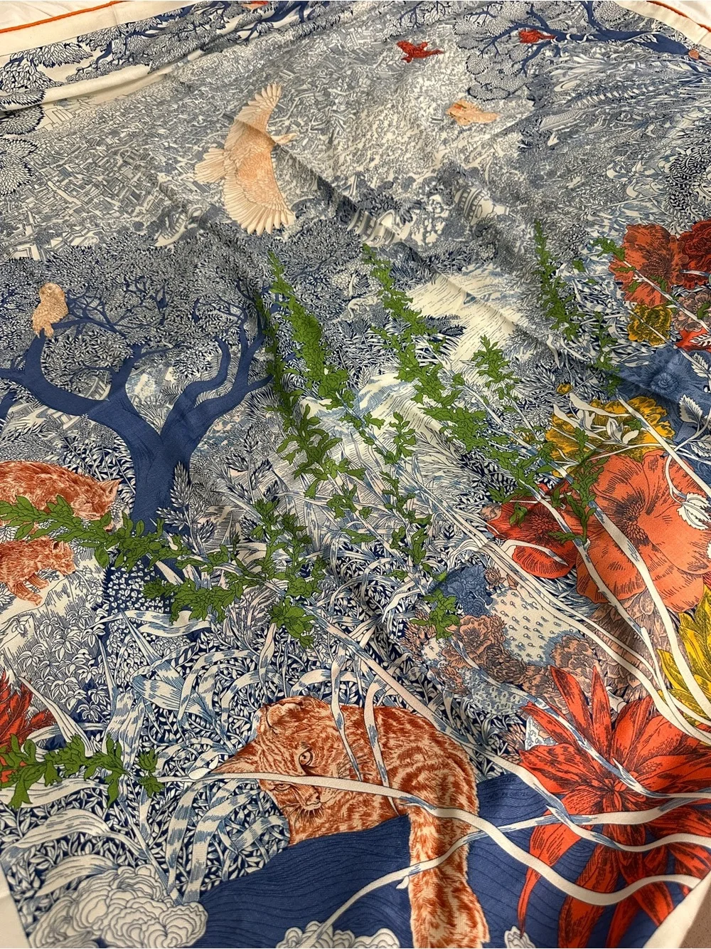 Hermes Blue, White & Green Printed Silk Scarf